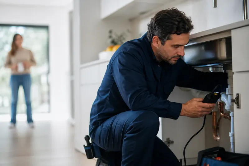Técnico diagnosticando una conexión de agua en una vivienda