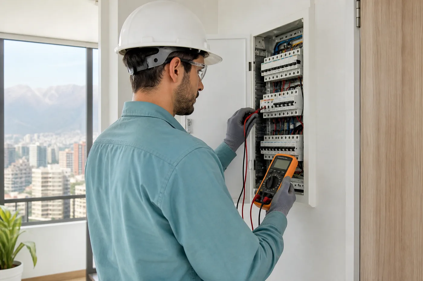 Técnico revisando una instalación eléctrica domiciliaria